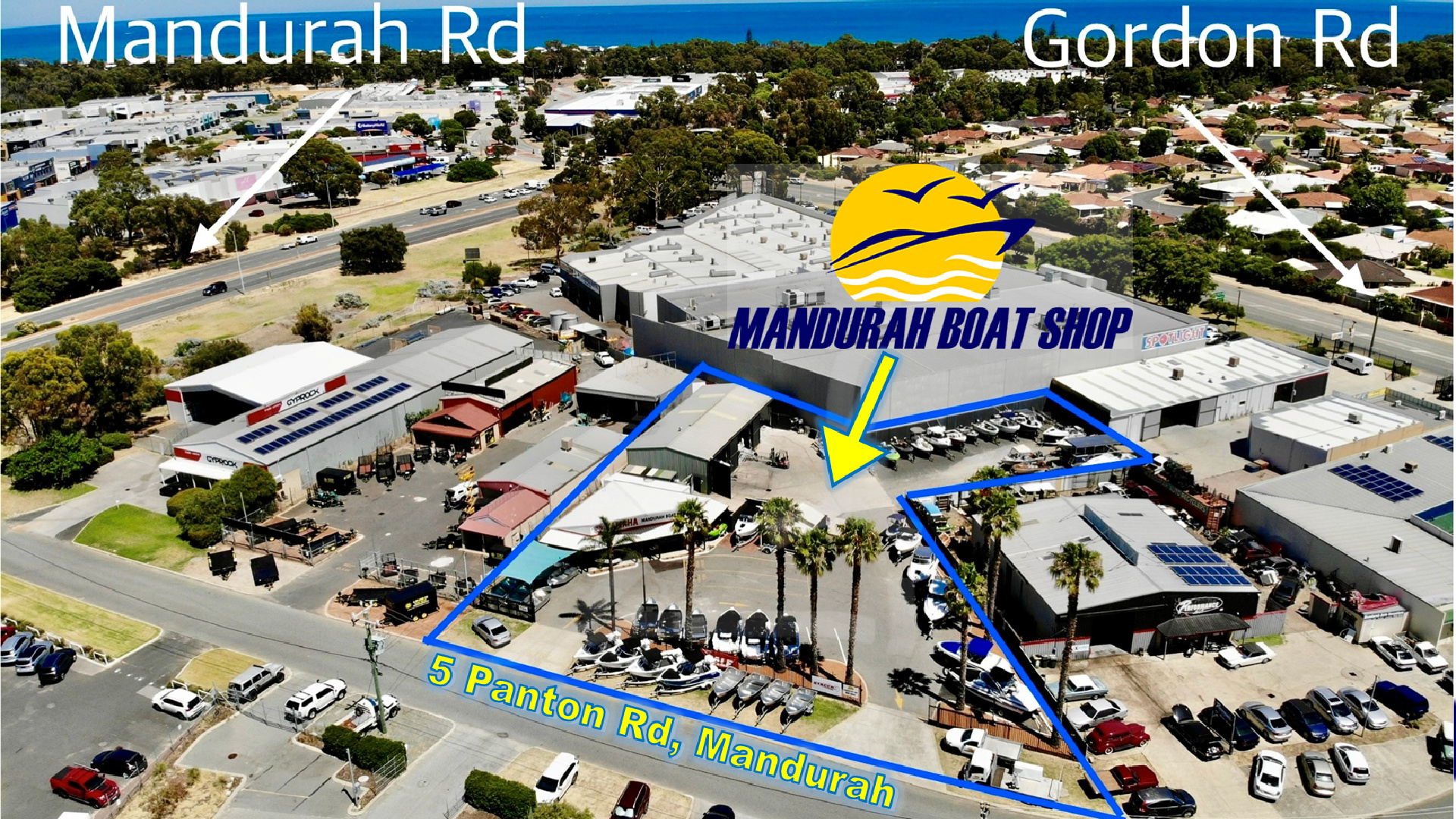 Aerial view of Mandurah Boat Shop showroom and surrounds